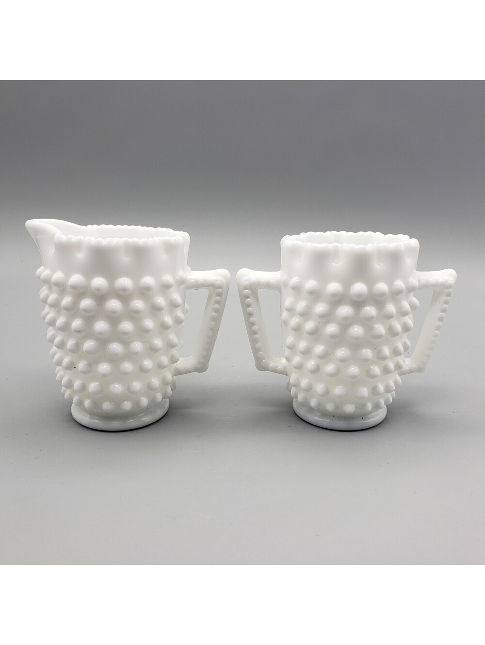 Vintage Fenton Milk Glass Hobnail Open Creamer & Sugar Set Crimped Edge White